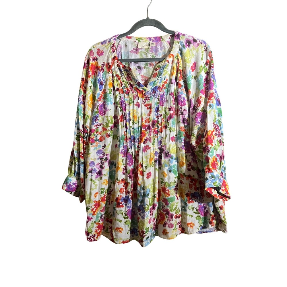 Westbound Petites Floral Print Rayon Blouse Pleated V-Neck 3/4 Sleeve Top PXL‎